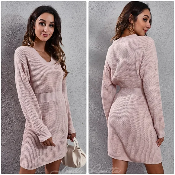 Blue Rib-Knit V-Neck Long Sleeve Sweater Dress - Picture 7 of 9